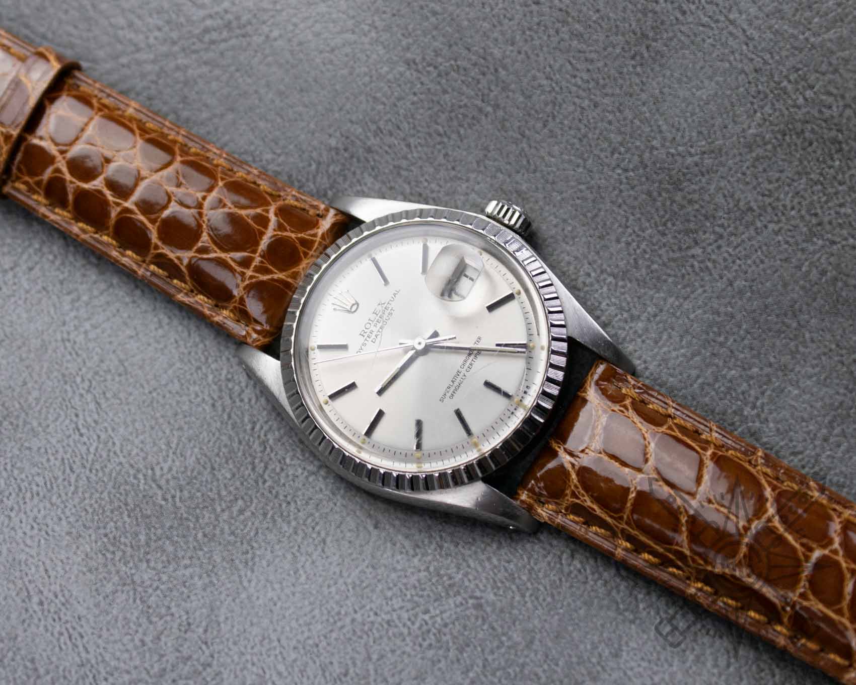 Brown alligator watch strap on a Rolex Datejust