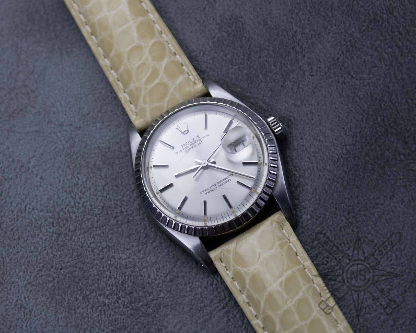 Cream colored alligator watch strap on a Rolex Datejust