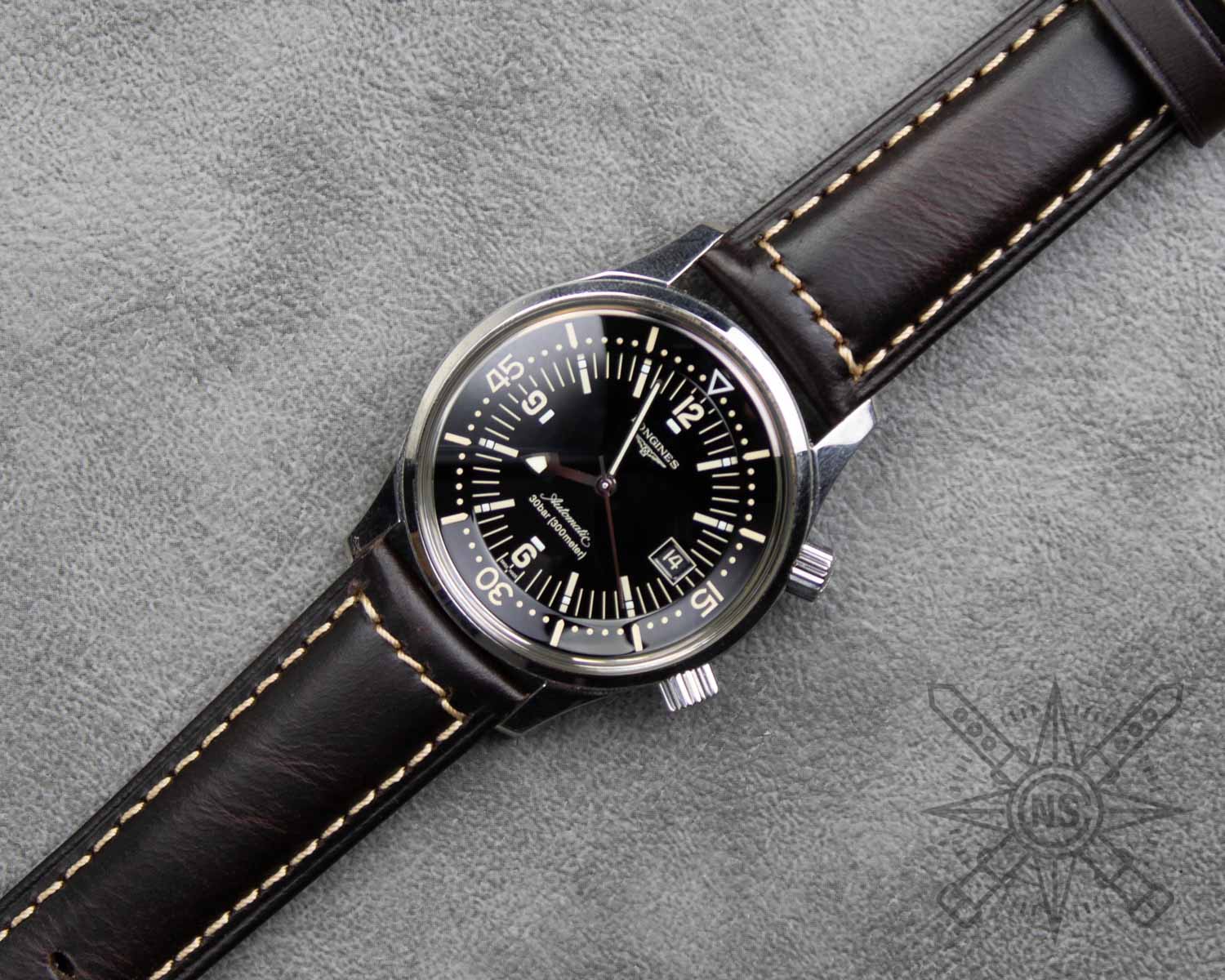 Dark brown leather watch band on a Longines Legend Diver Dark brown leather watch band on a Longines Legend Diver