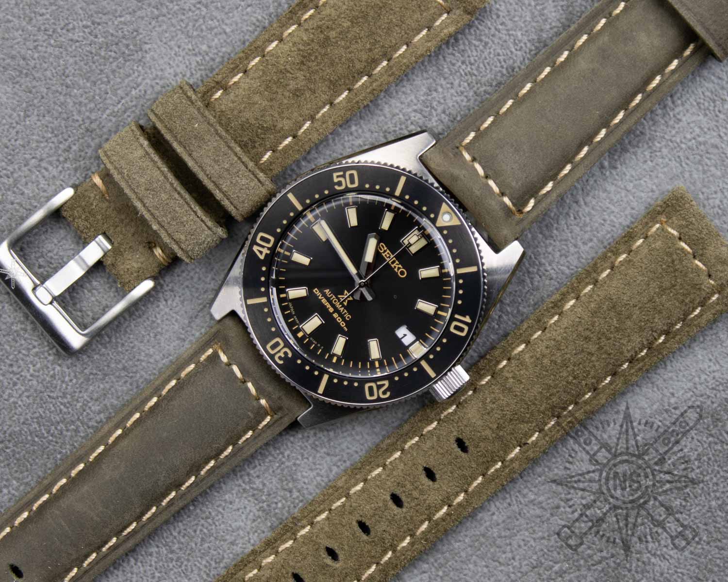 Taupe leather watch band on a seiko diver