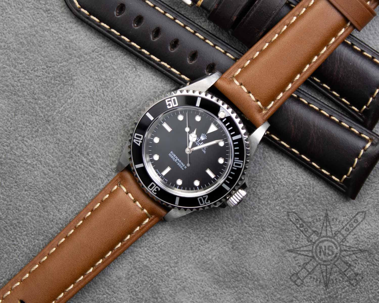 Rolex Submariner on a brown leather watch strap Rolex Submariner on a brown leather watch strap