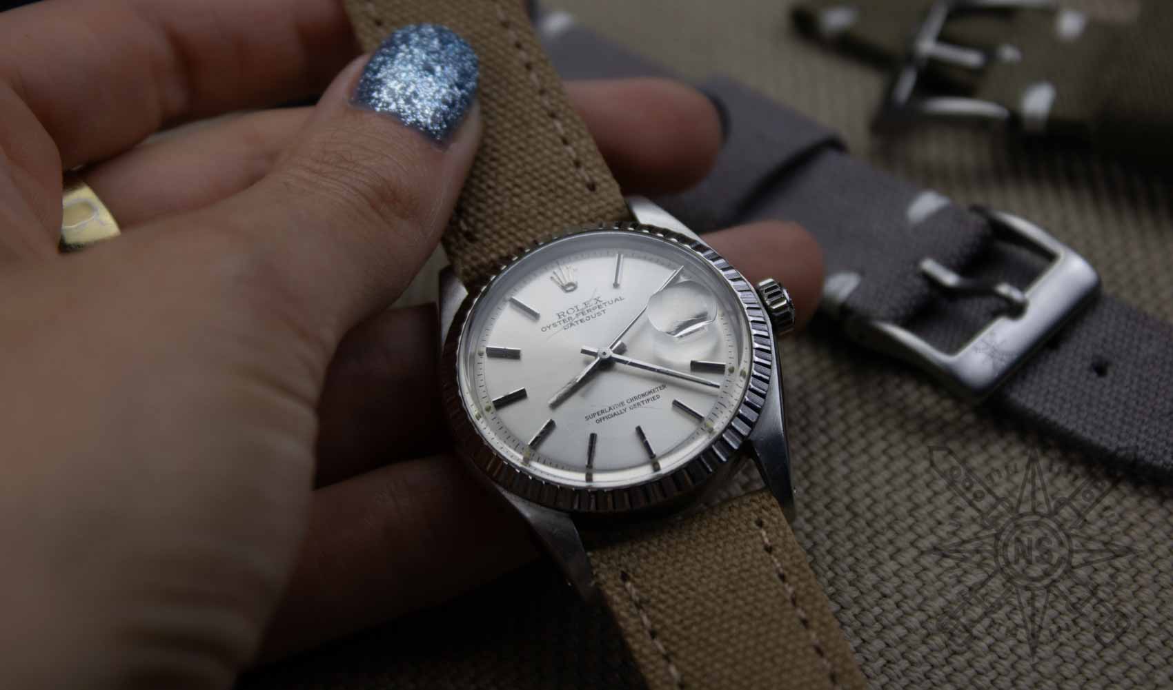 Khaki canvas watch strap on a Rolex Datejust