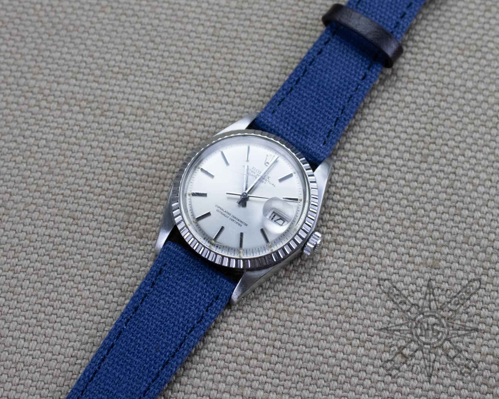 Blue canvas strap on a Rolex Datejust Blue canvas strap on a Rolex Datejust
