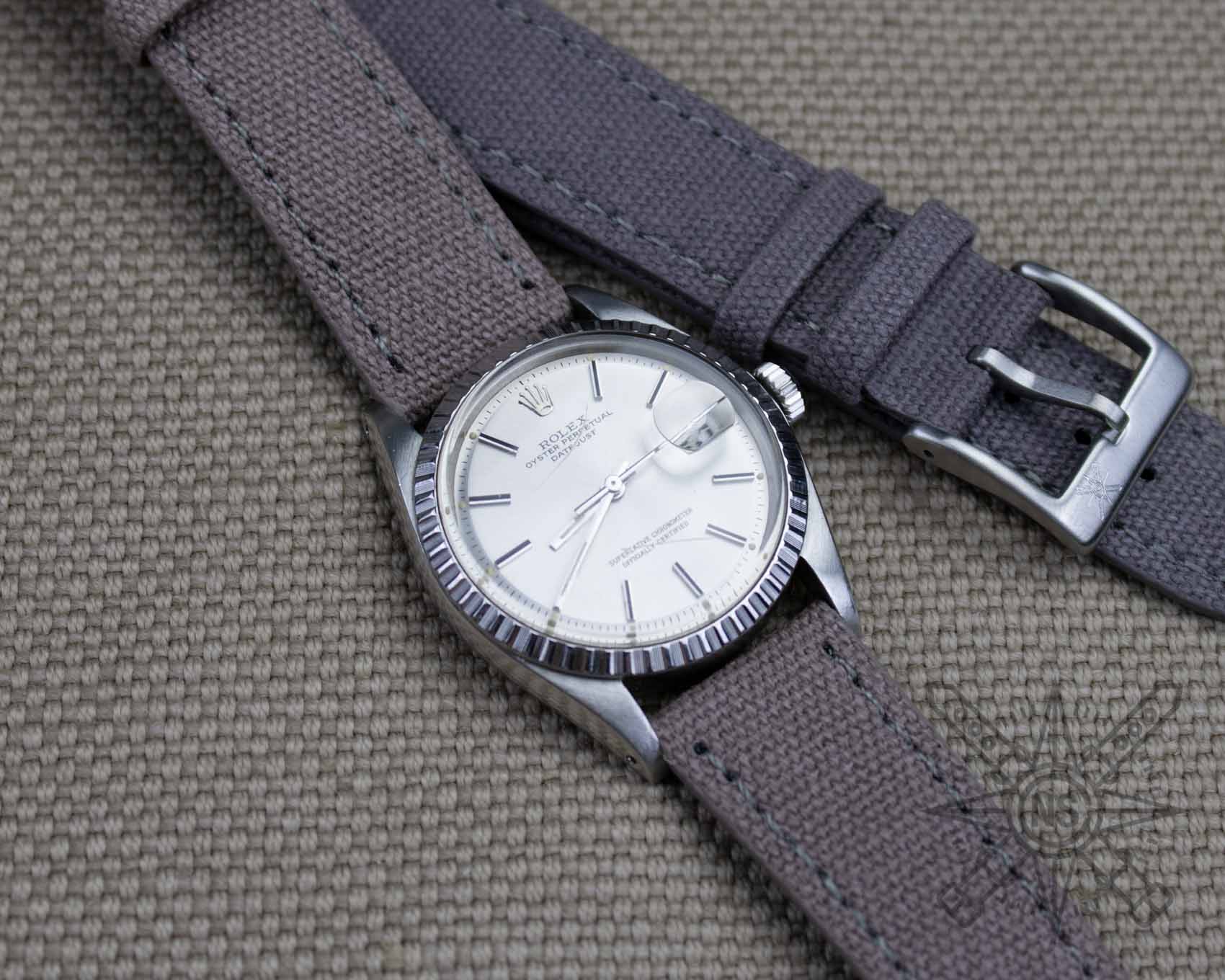 Gray canvas watch strap on a Rolex Datejust