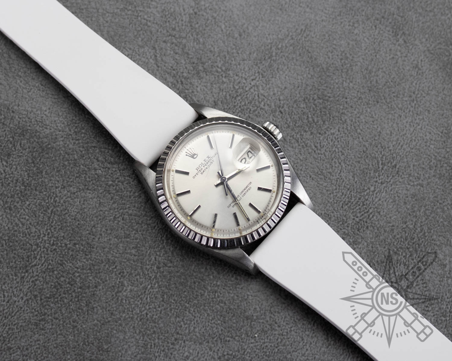 White rubber watch strap on a Rolex Datejust