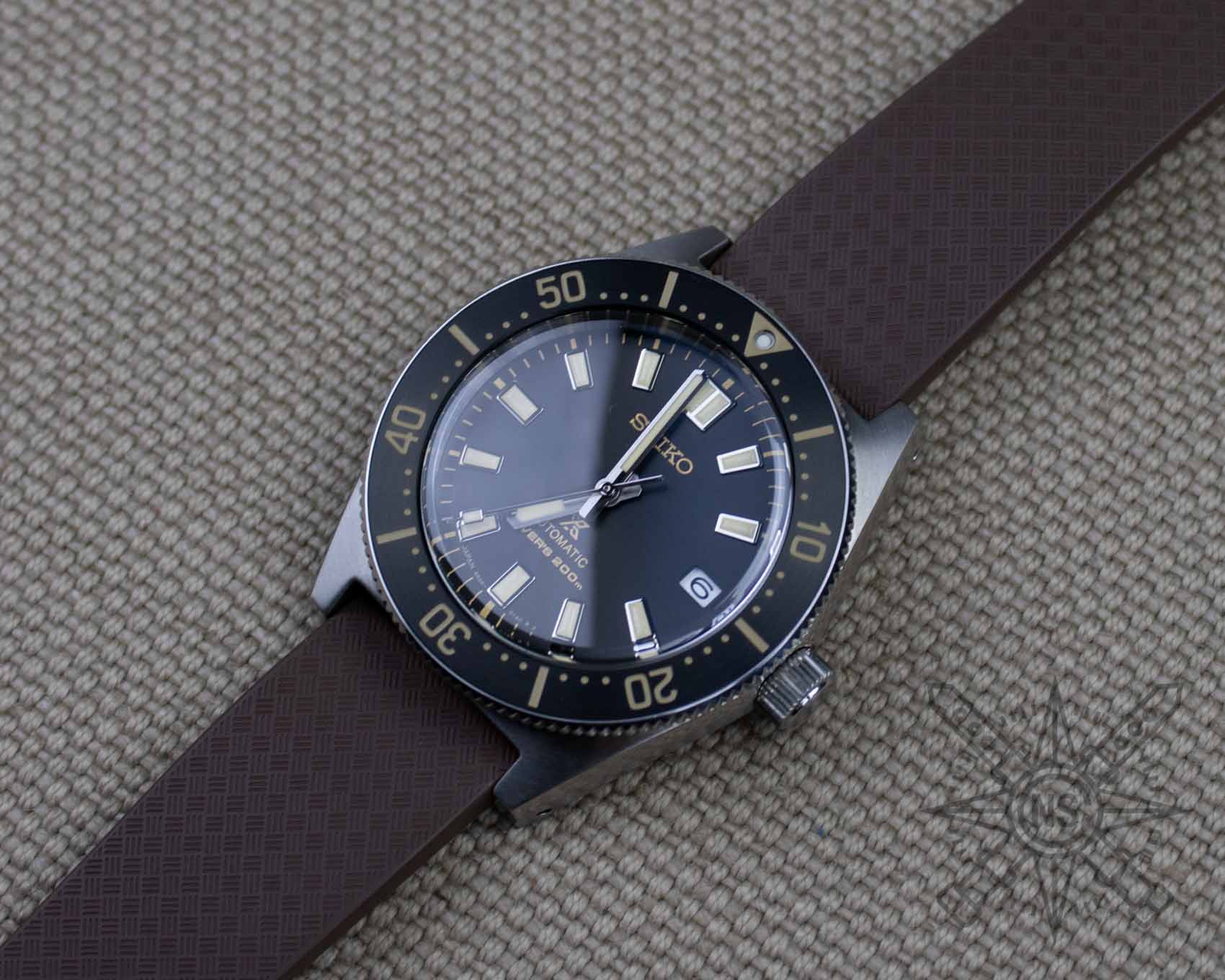 Brown rubber watch strap on a Seiko Diver