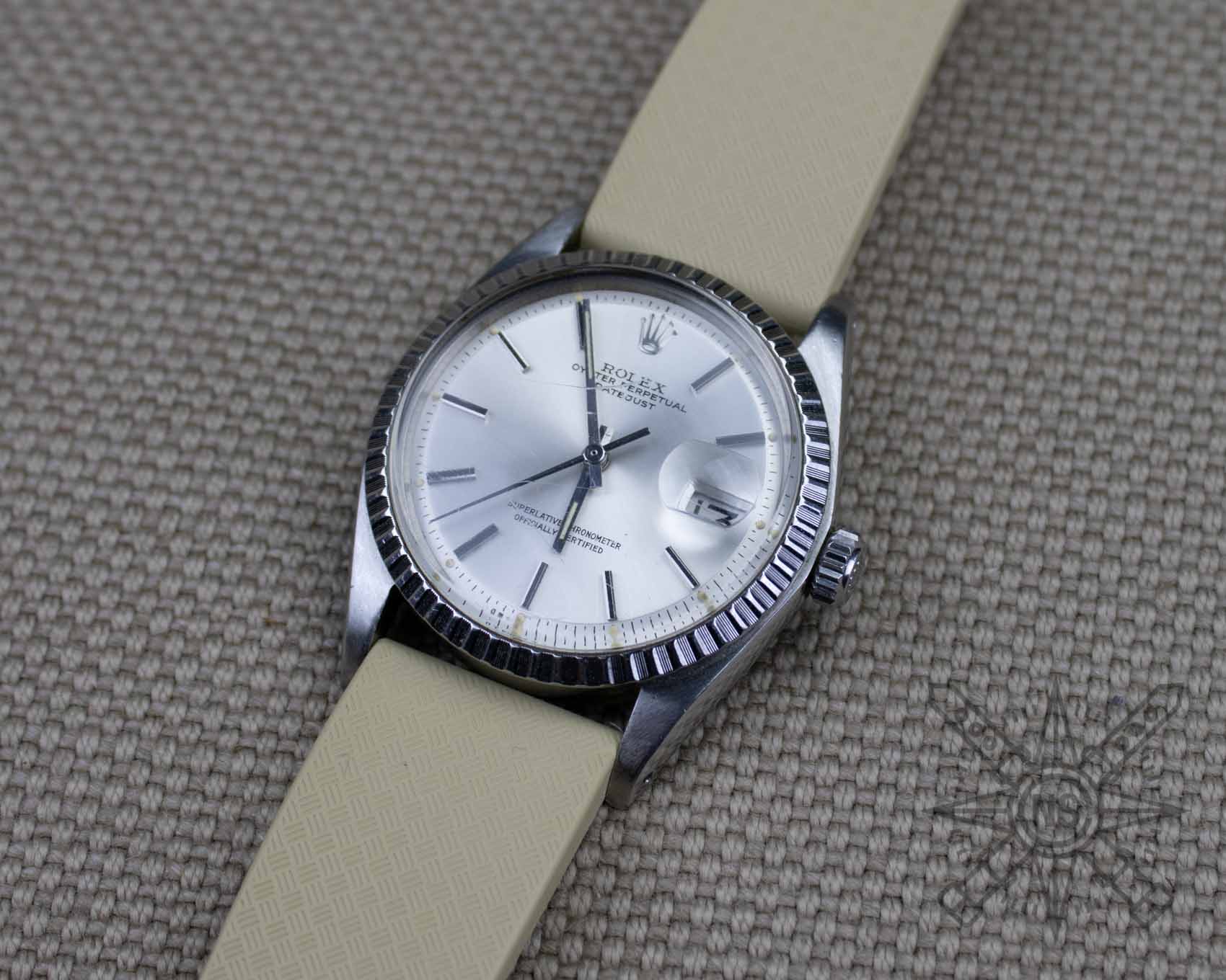 Rolex Datona on a sand colored rubber watch strap