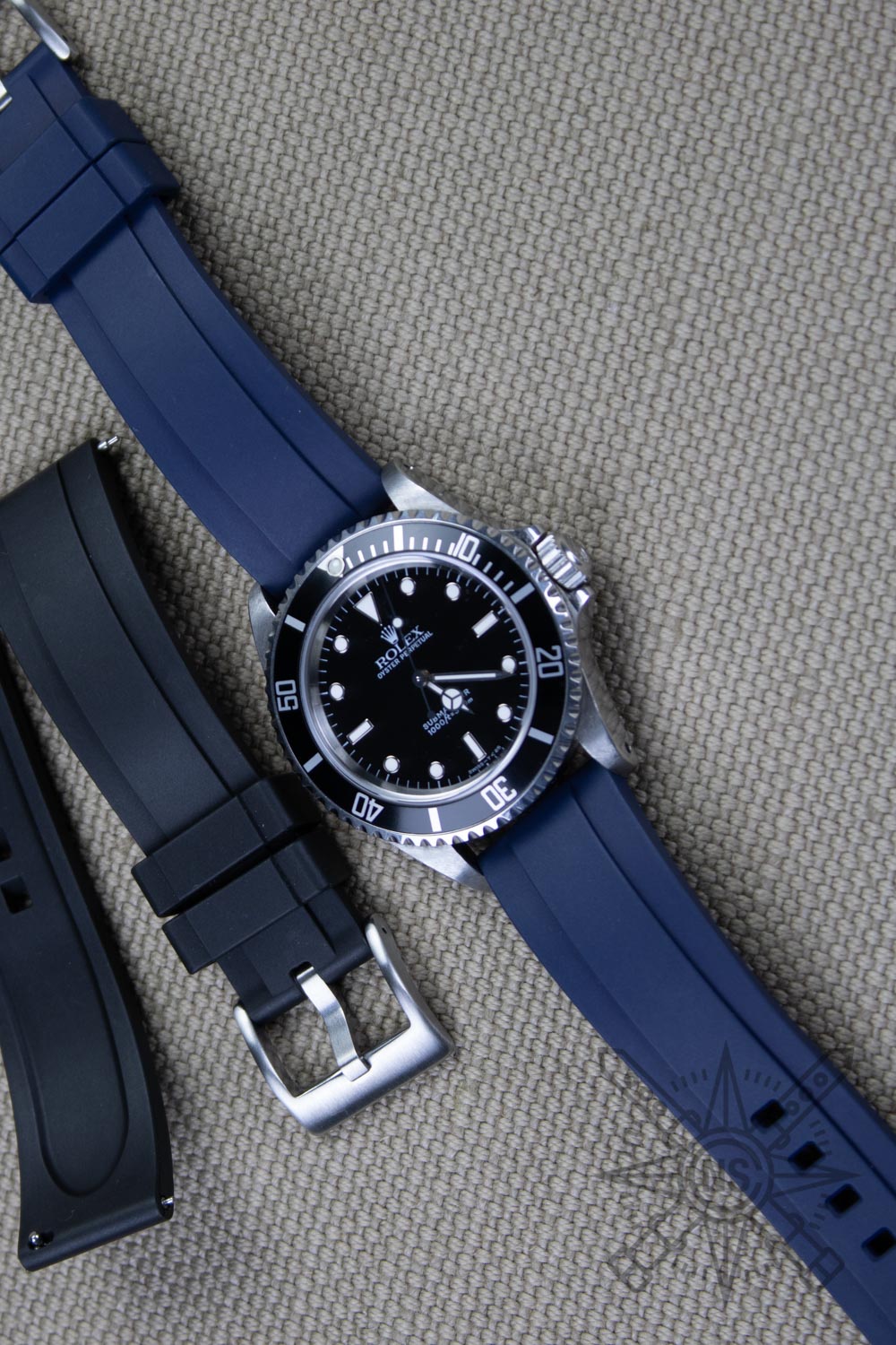 Navy blue FKM rubber watch band on a Rolex Submariner