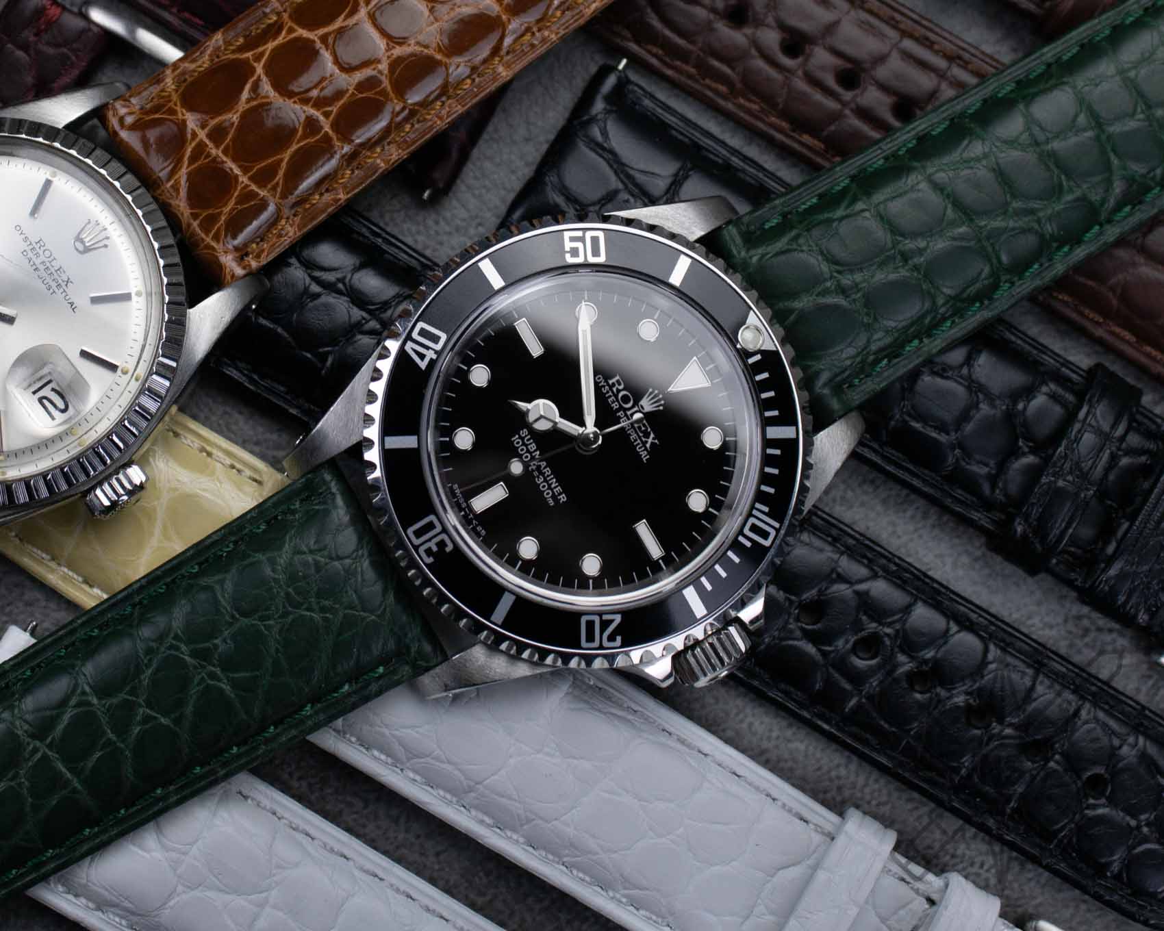 Green Alligator watch strap on a Rolex Submariner