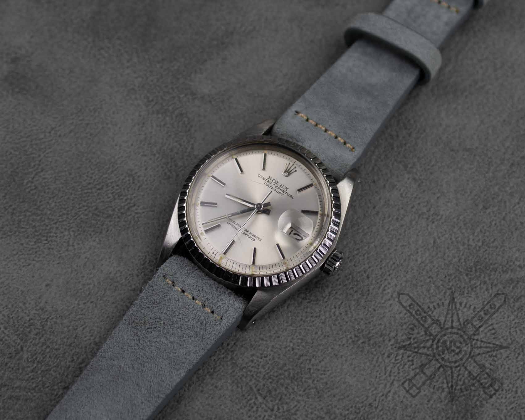 Gray suede watch strap on a Rolex Datejust