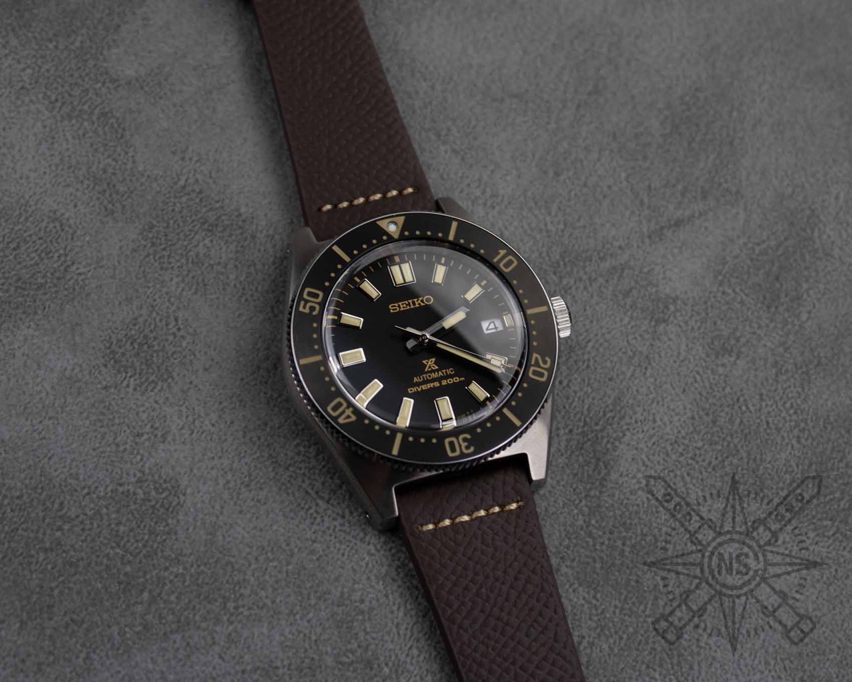 Brown leather watch band on a Seiko Diver