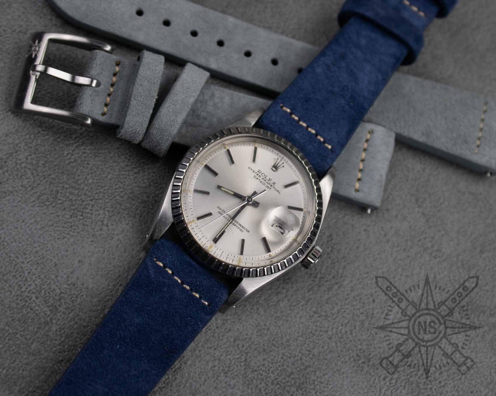 Blue suede watch strap on a Rolex Datejust