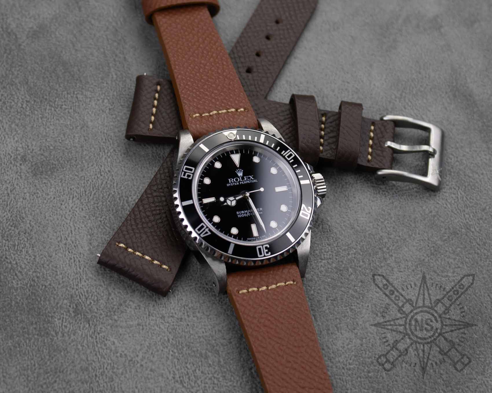 Brown leather watch band on a Rolex Submariner