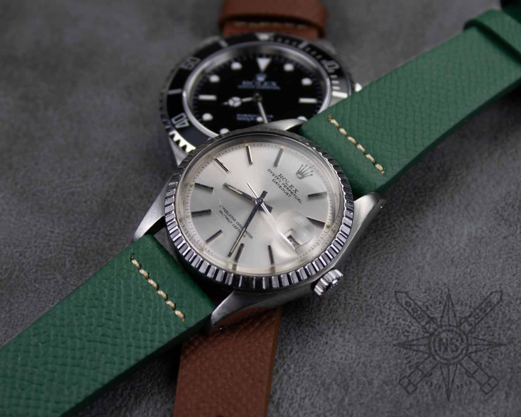 Rolex Datejust on a green leather watch band