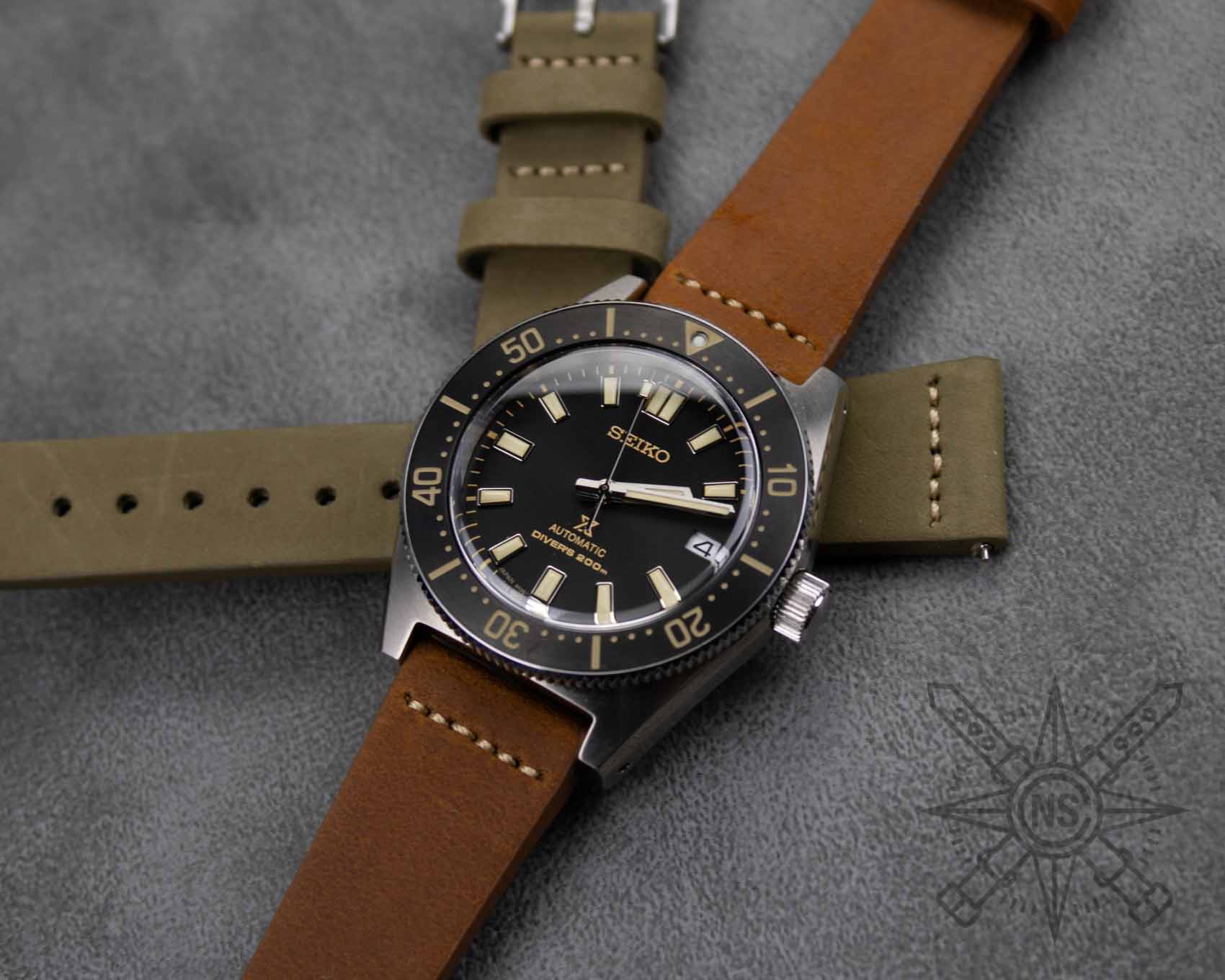 Seiko diver on a brown leather watch strap CNS Watch Bands