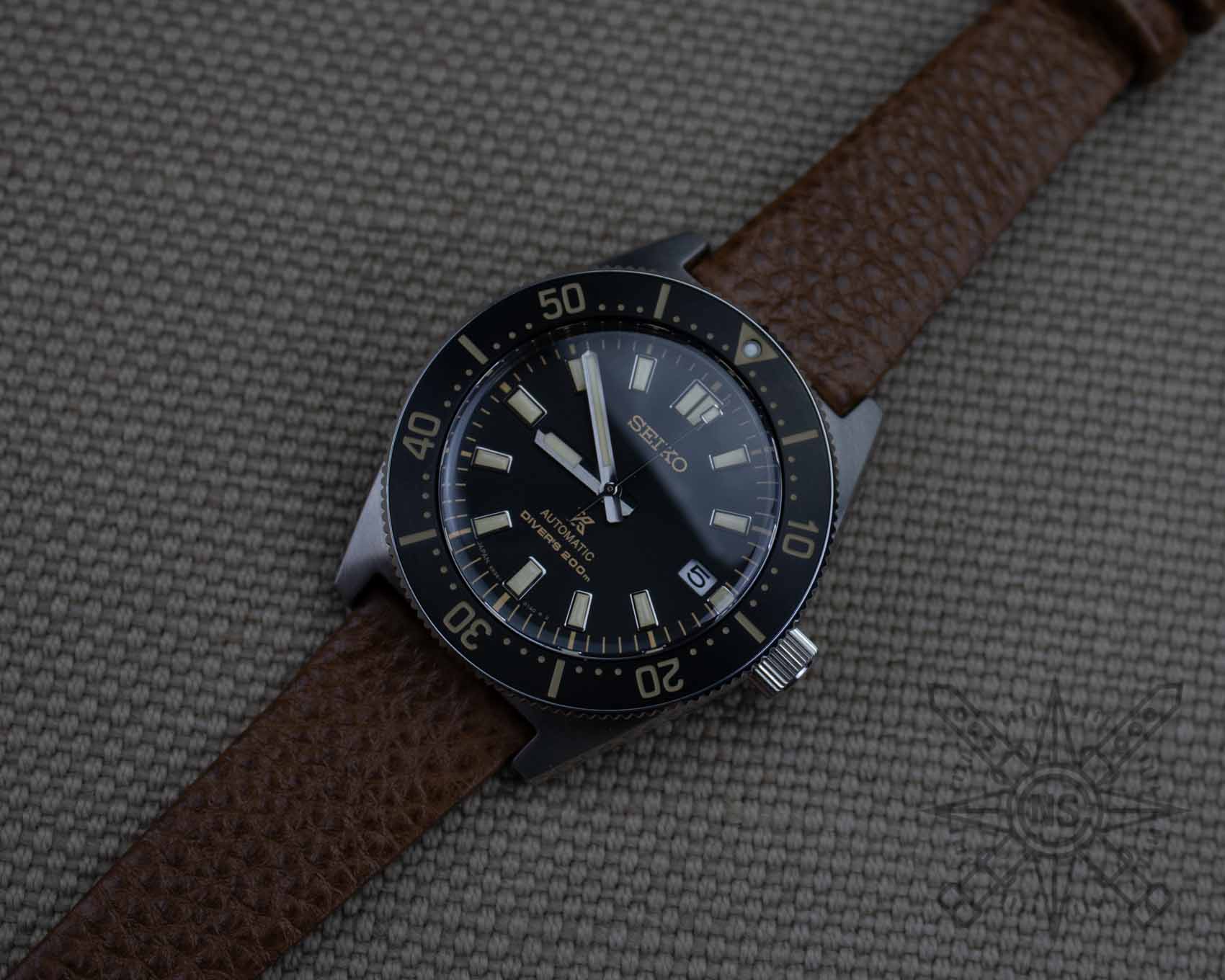 Seiko diver on a brown leather watch band