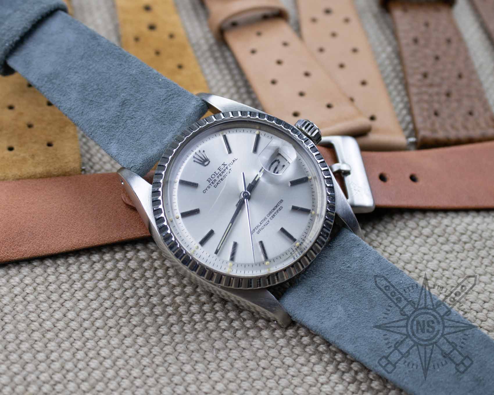 Gray suede watch band on a Rolex Datejust