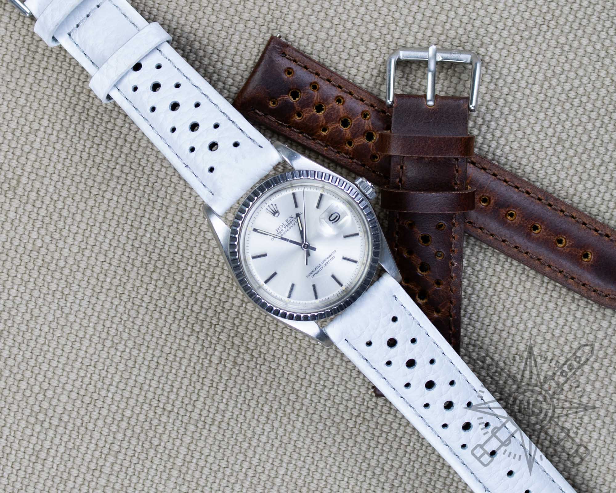 White racing leather watch band on a Rolex Datejust