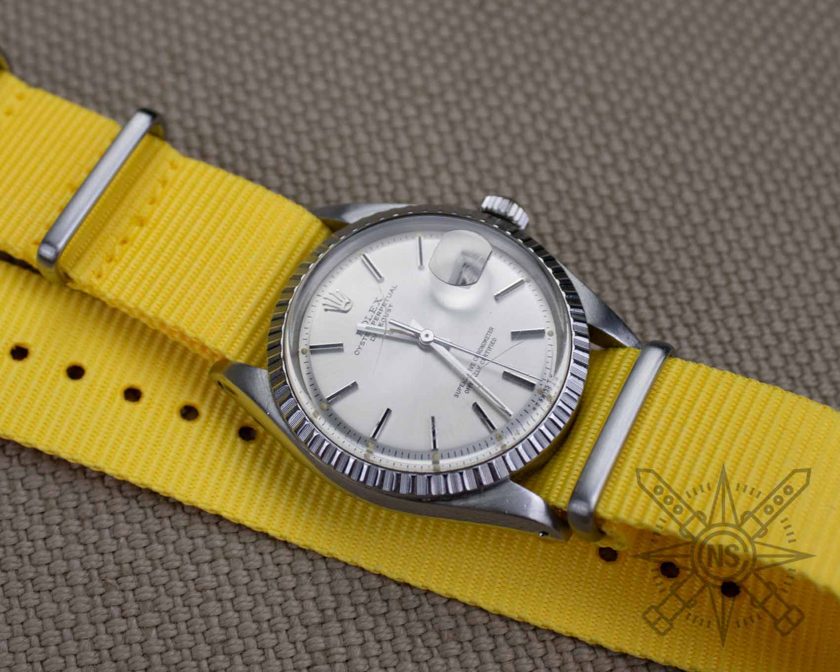 Yellow nylon watch strap on a Rolex Datejust