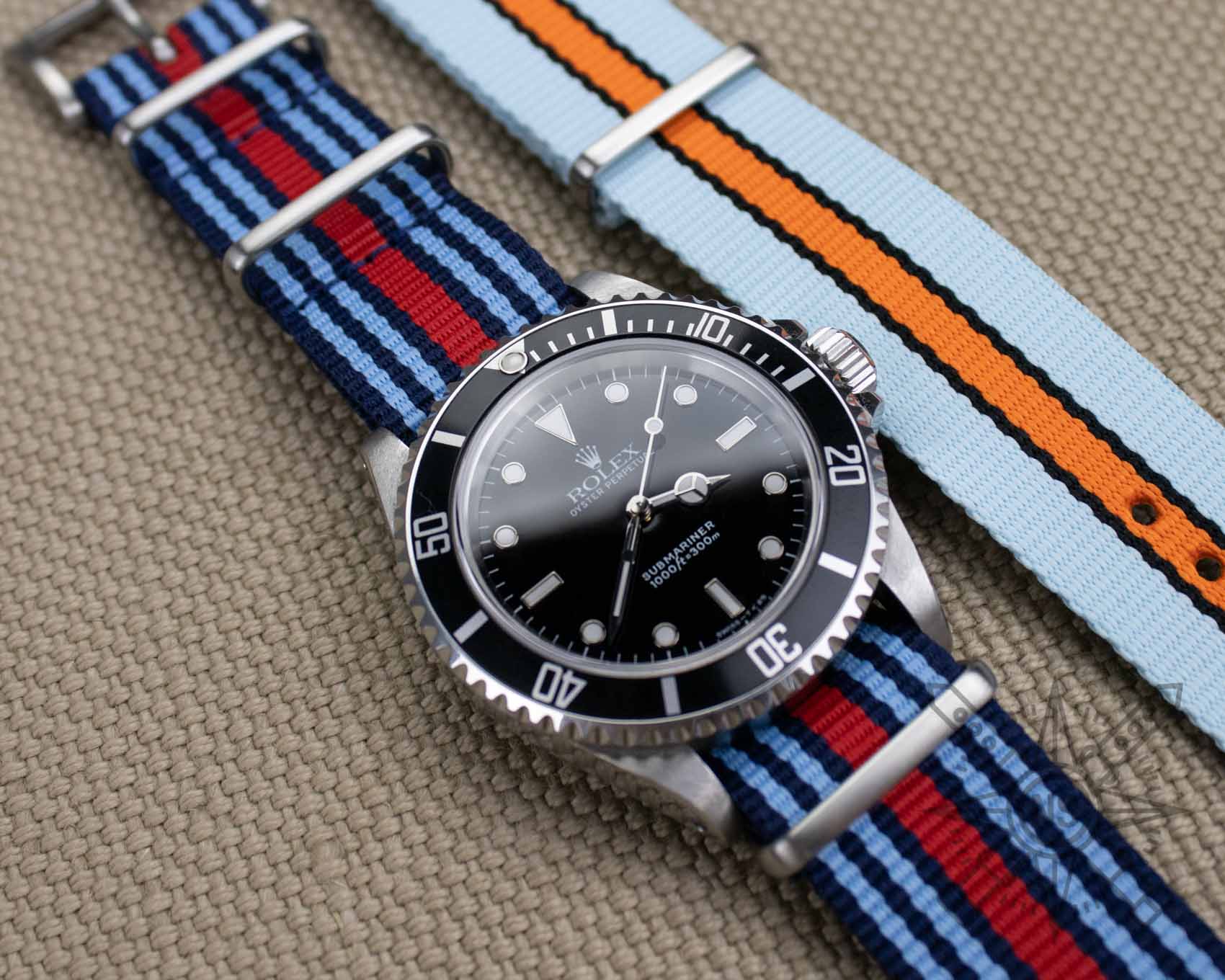 Racing nylon watch strap on a Rolex Submariner