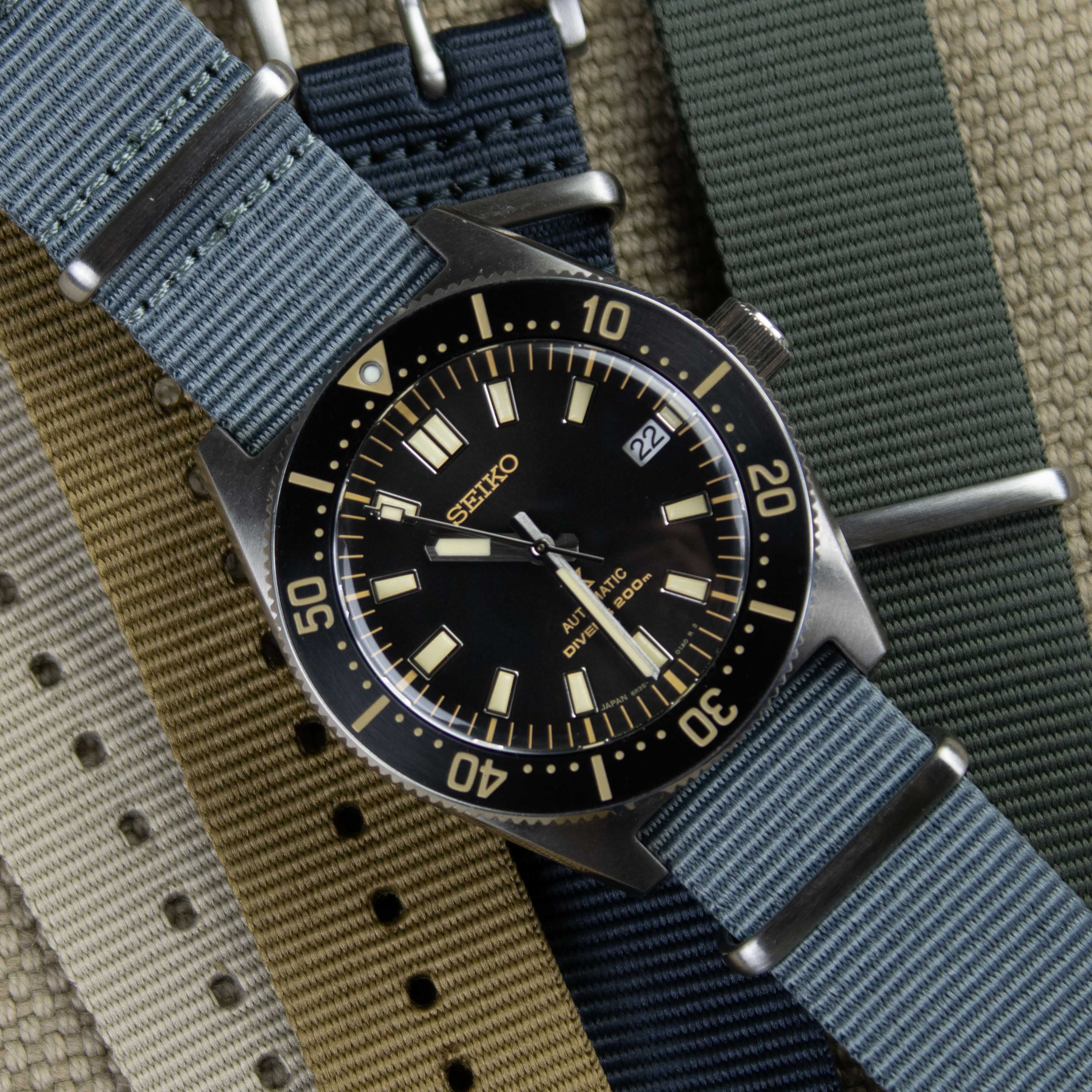 Gray nylon watch strap on a Seiko diver watch