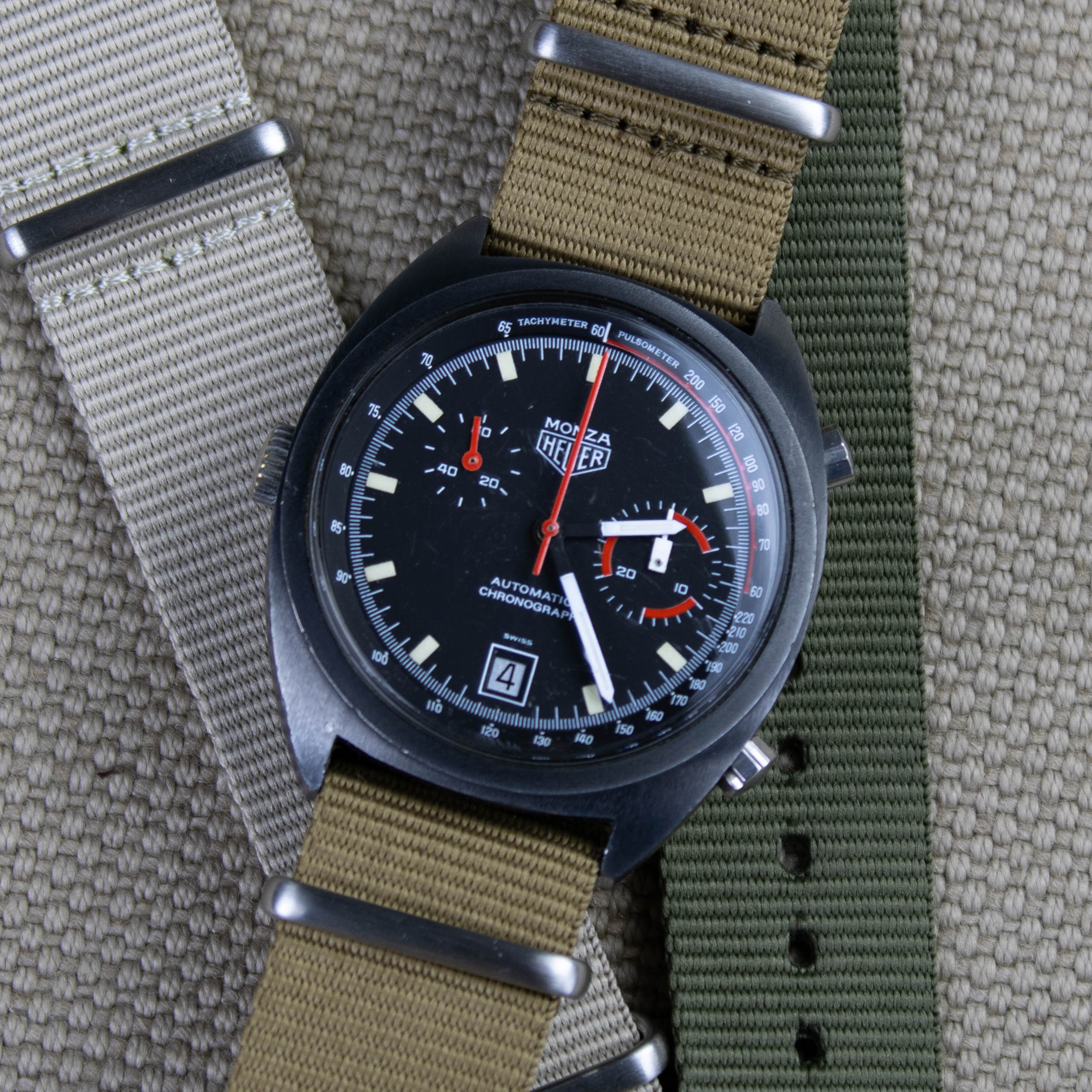 Vintage Heuer Monza on a khaki nylon watch band