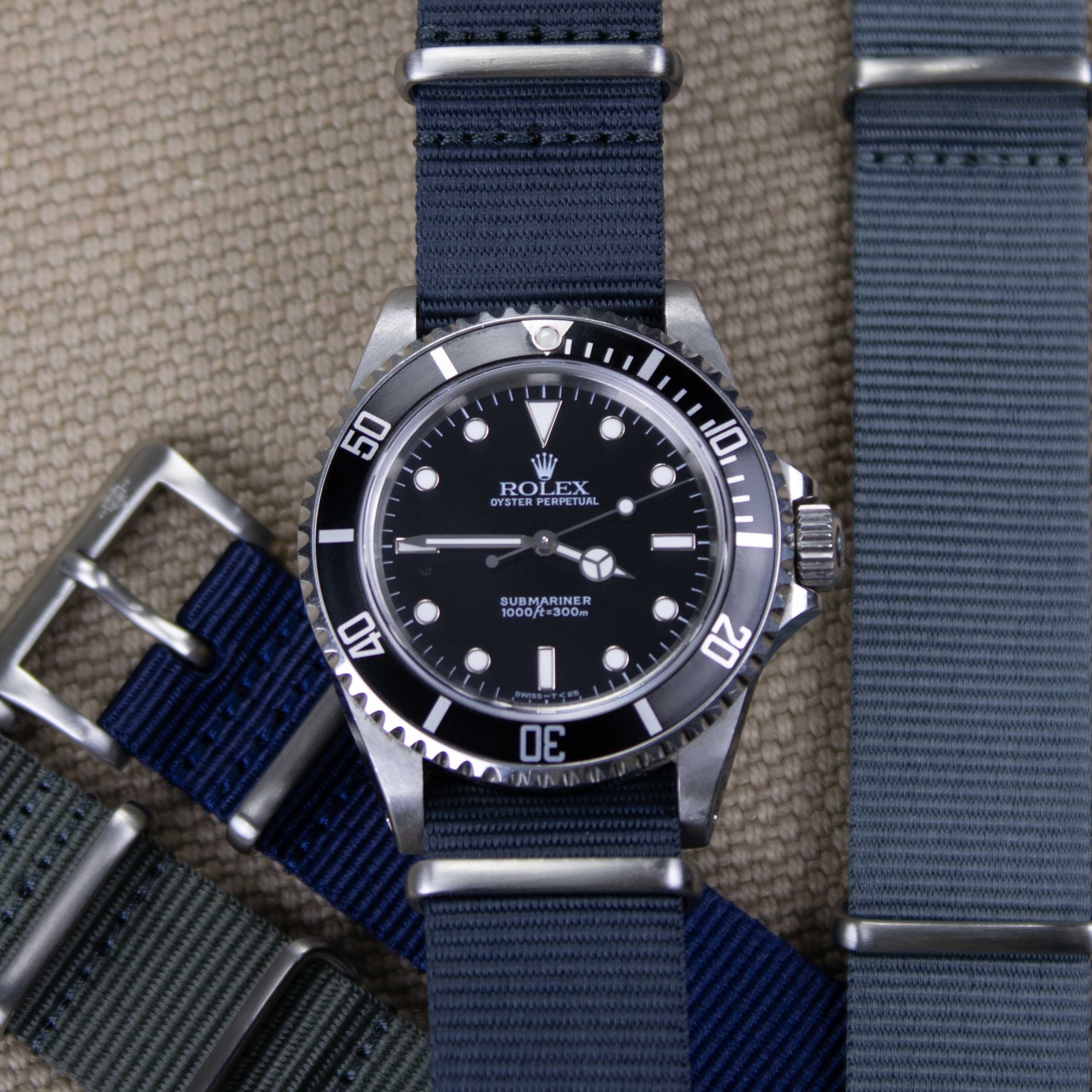 Lead gray nylon watch strap on a Rolex Submariner No Date