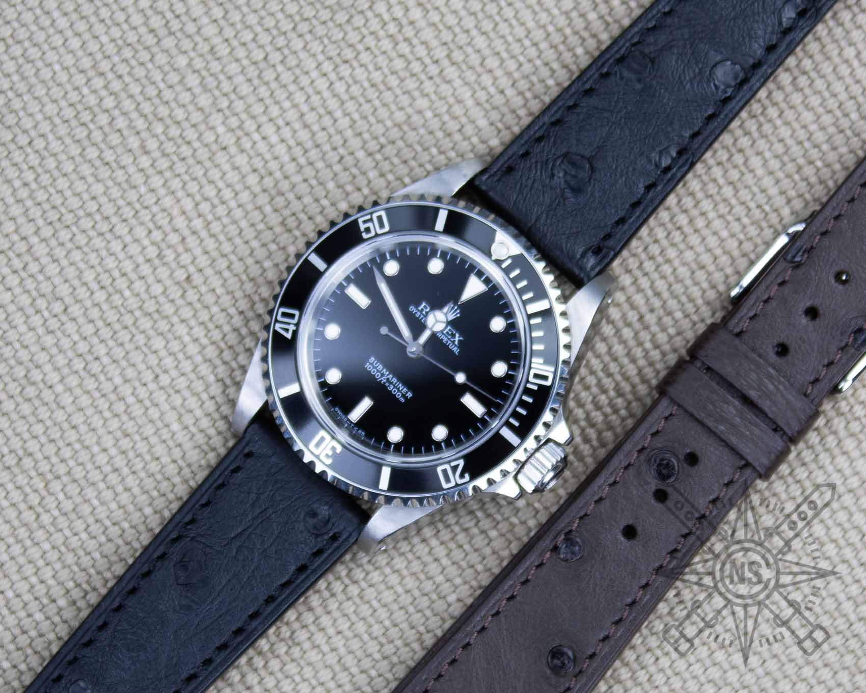 Black ostrich leather watch band on a Rolex Submariner