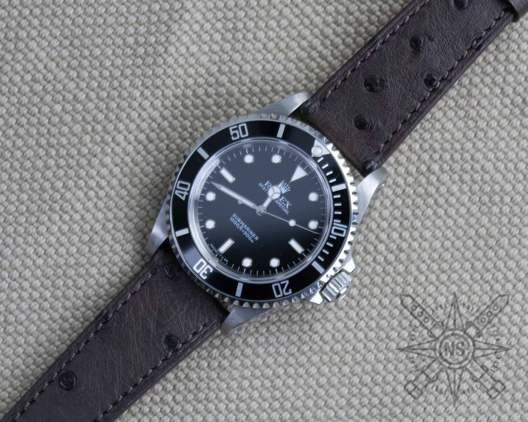 Dark brown ostrich watch band on a Rolex Submariner