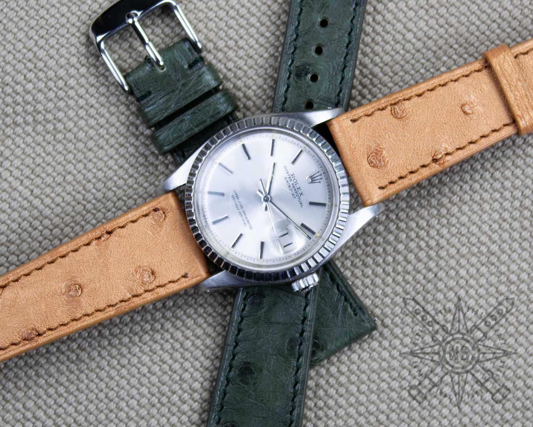 Tanned ostrich leather watch band on a Rolex Datejust