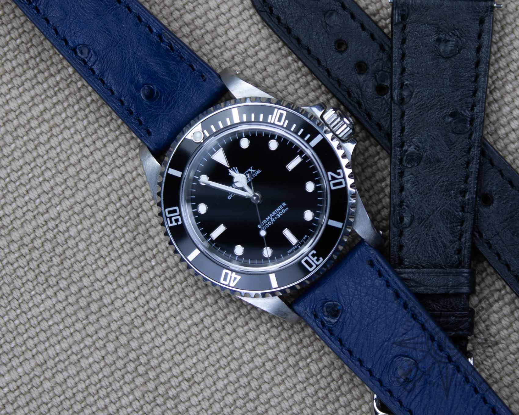 Blue ostrich watch band on a Rolex Submariner