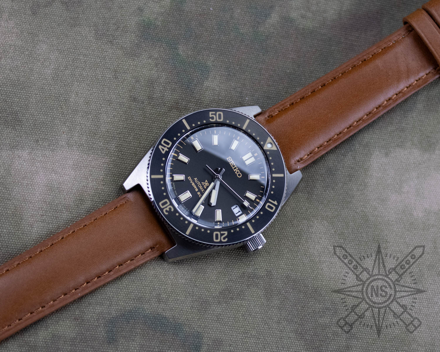 Seiko diver on a brown leather watch band