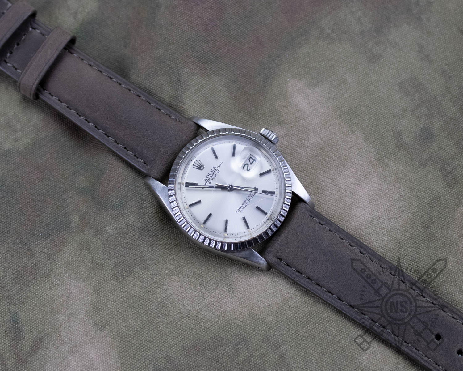 Dark gray leather watch band on a Rolex Datejust