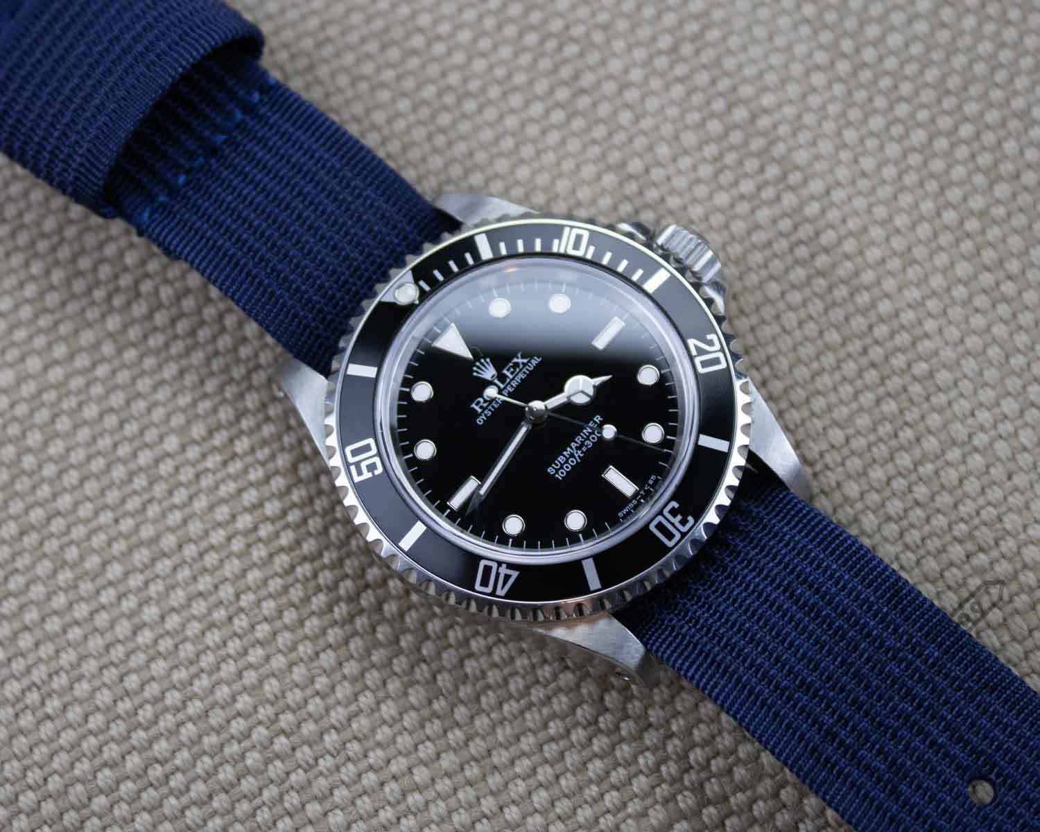 Navy blue RAF watch strap on a Rolex Submariner