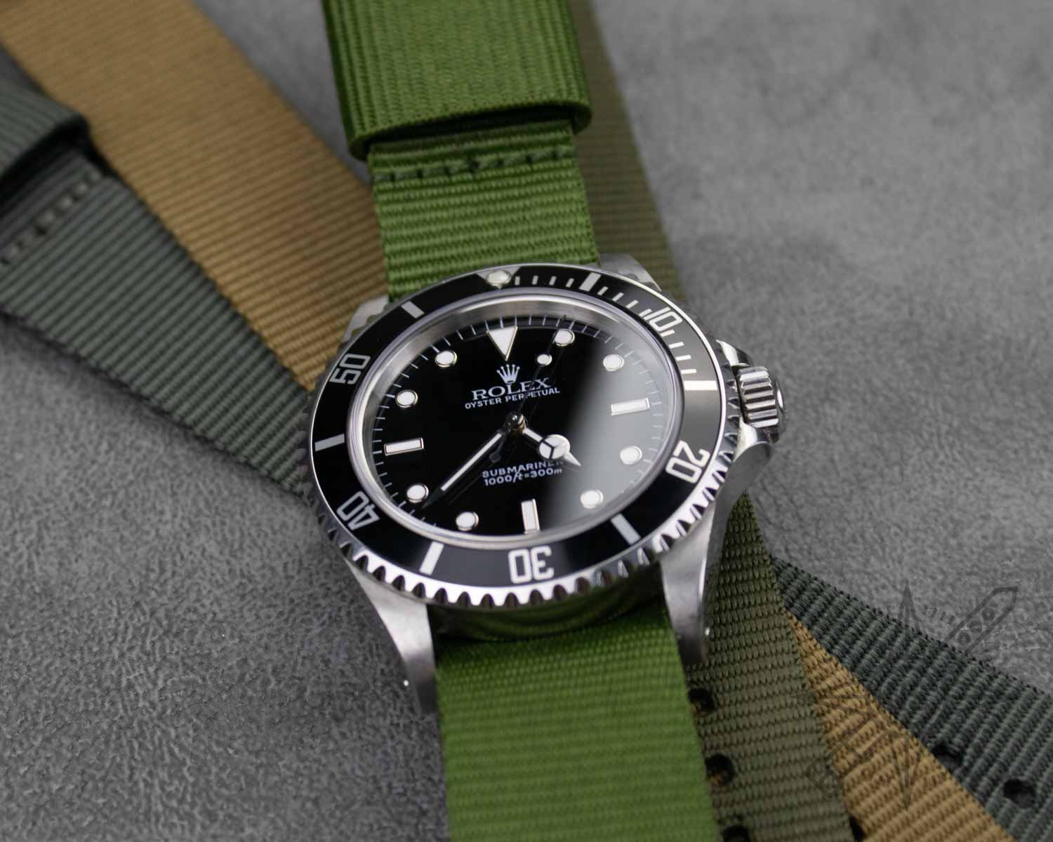 Khaki green military watch strap on a rolex submariner