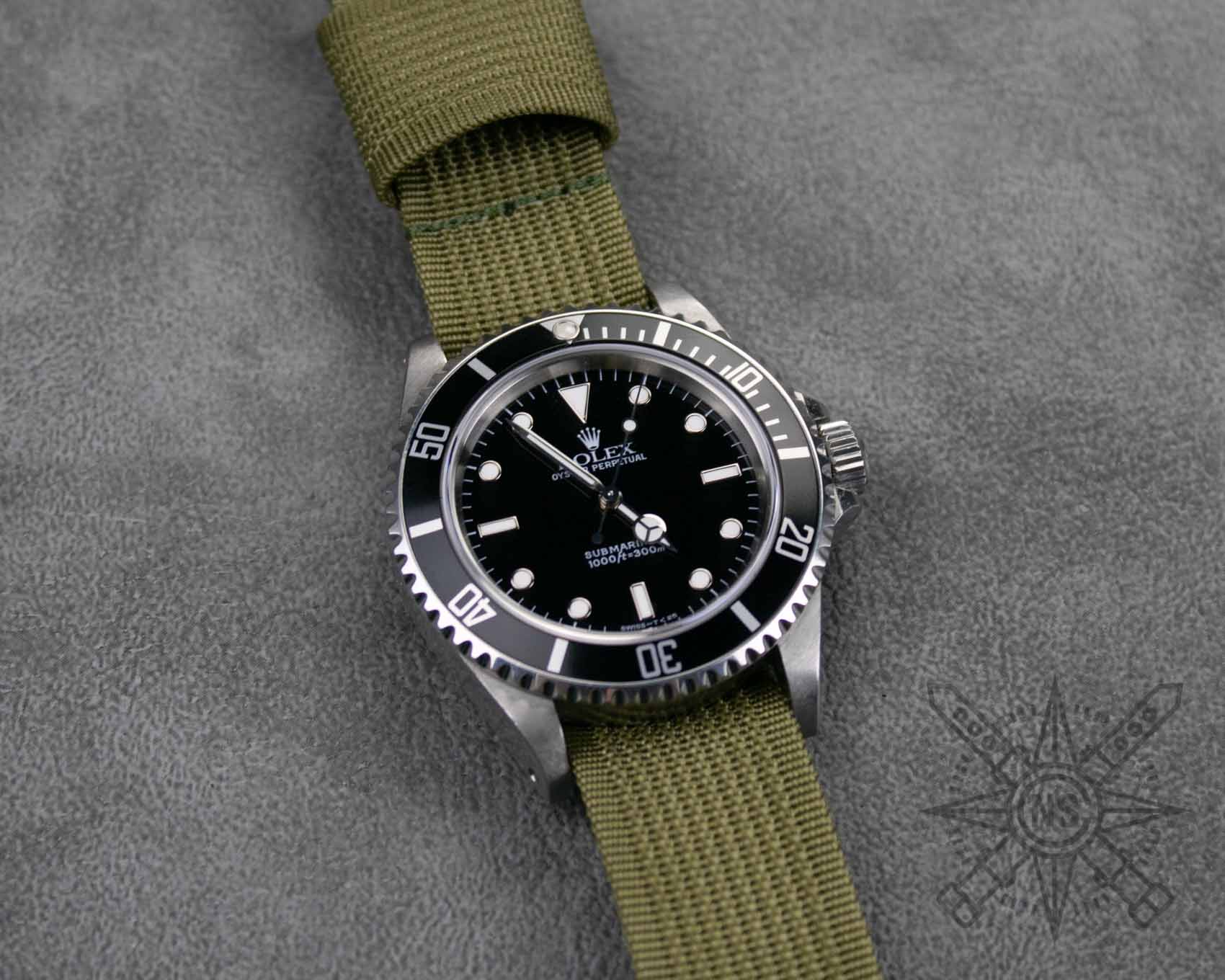 Olive Drab military watch strap on a Rolex Submariner