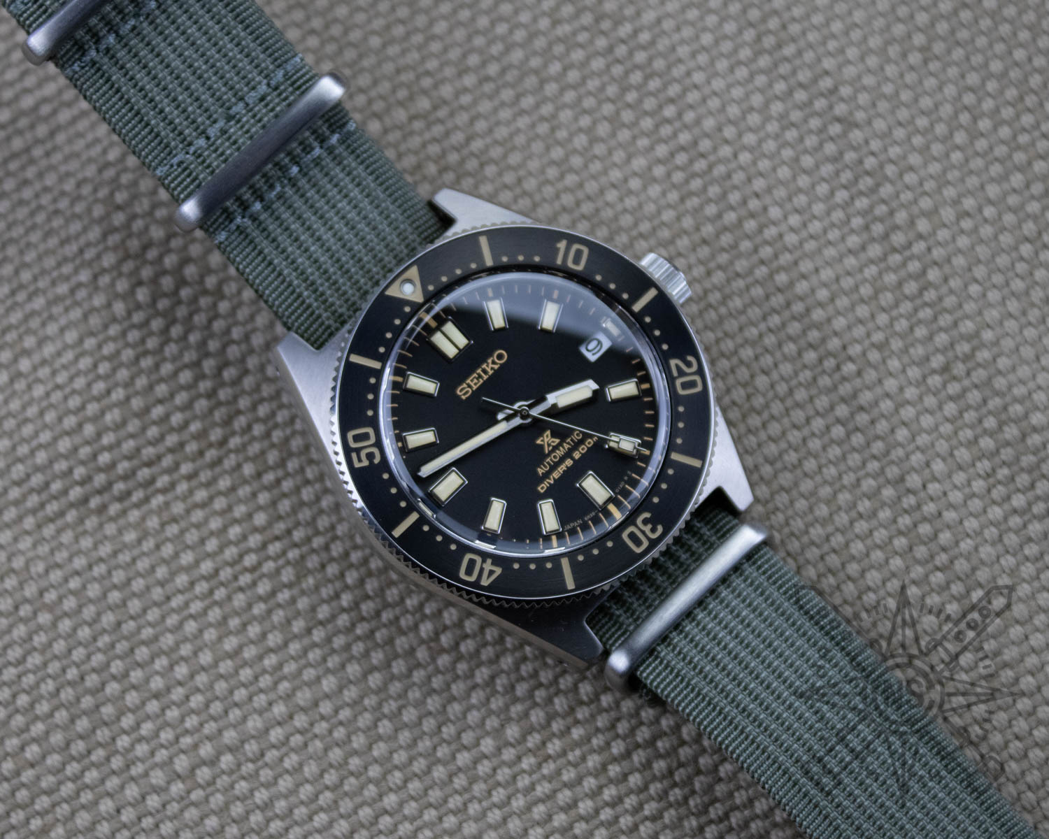 Gray nylon watch strap on a Seiko diver