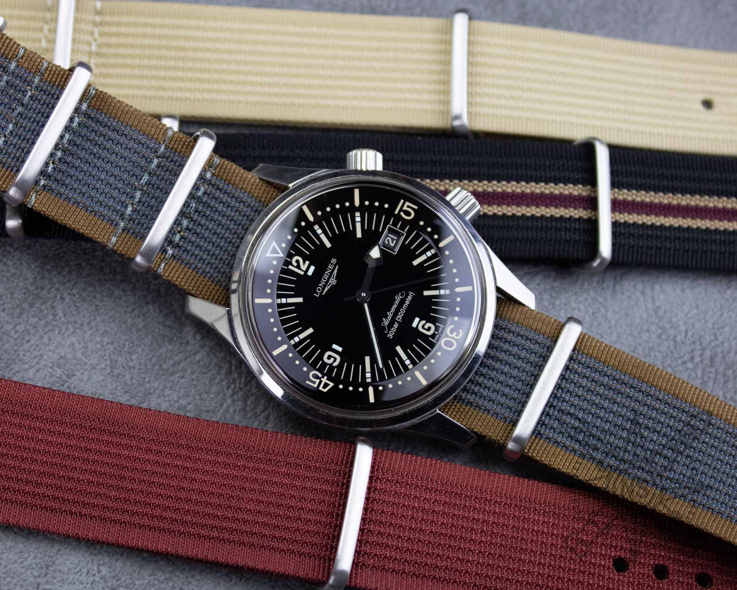 Longines Legend Diver on a nylon watch strap