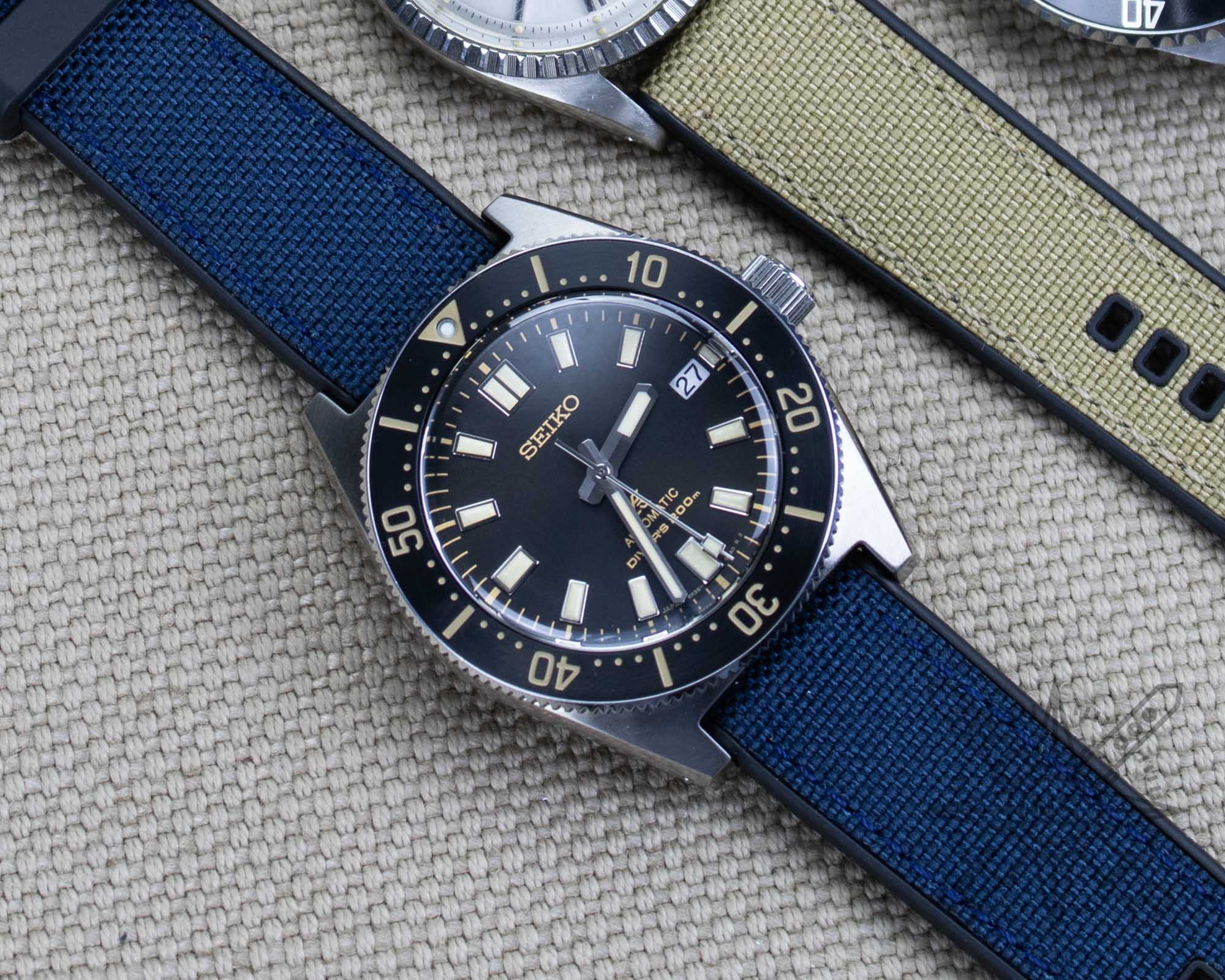 Blue sports watch band on a Seiko dive watch