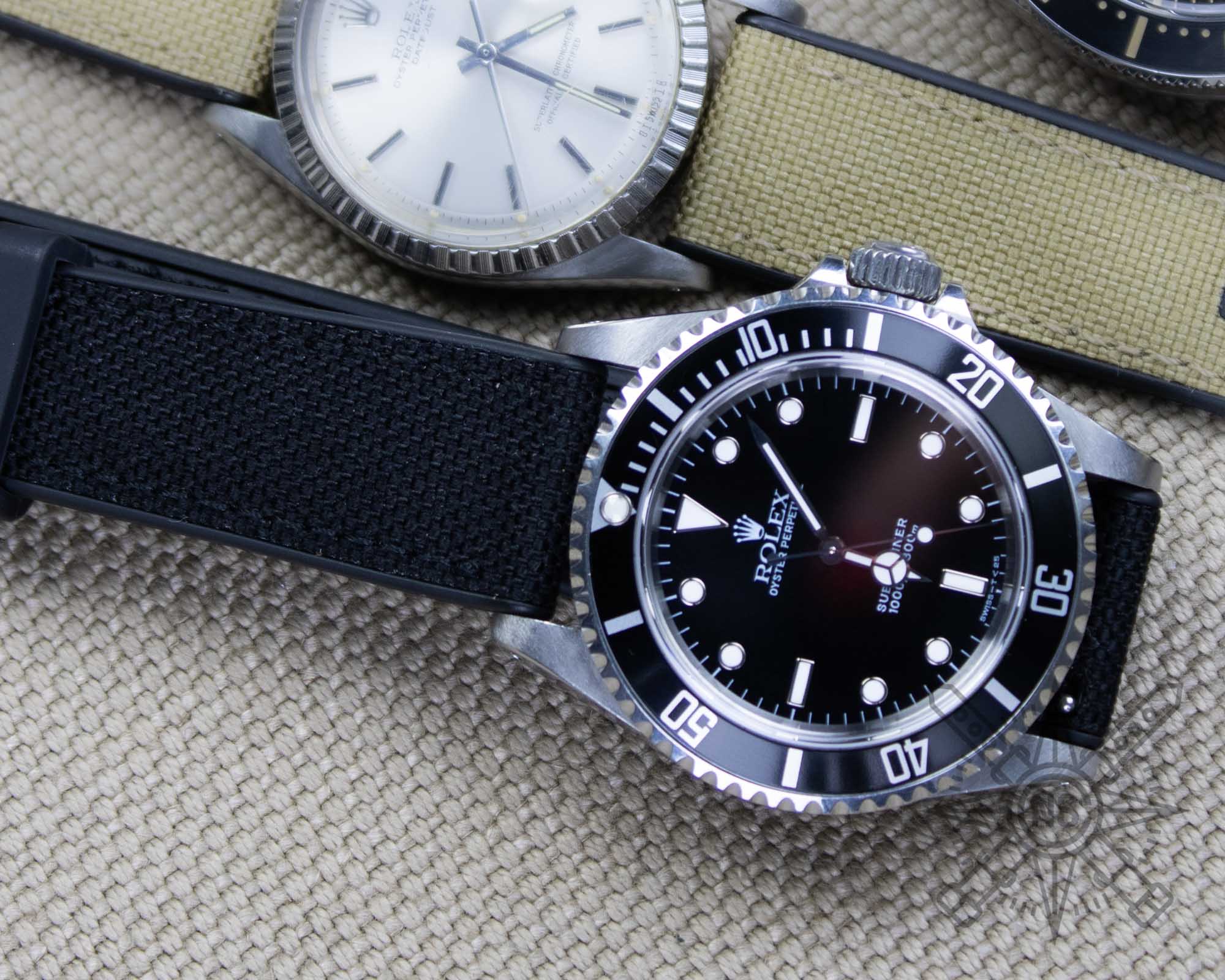 Sailcloth and rubber watch band on a Rolex Submariner