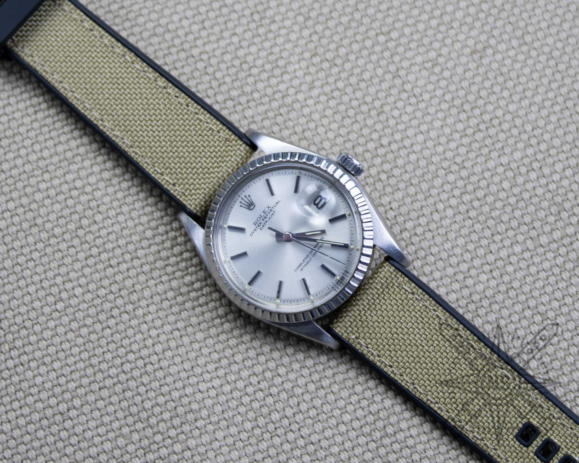 Khaki sailcloth watch strap on a Rolex Datejust