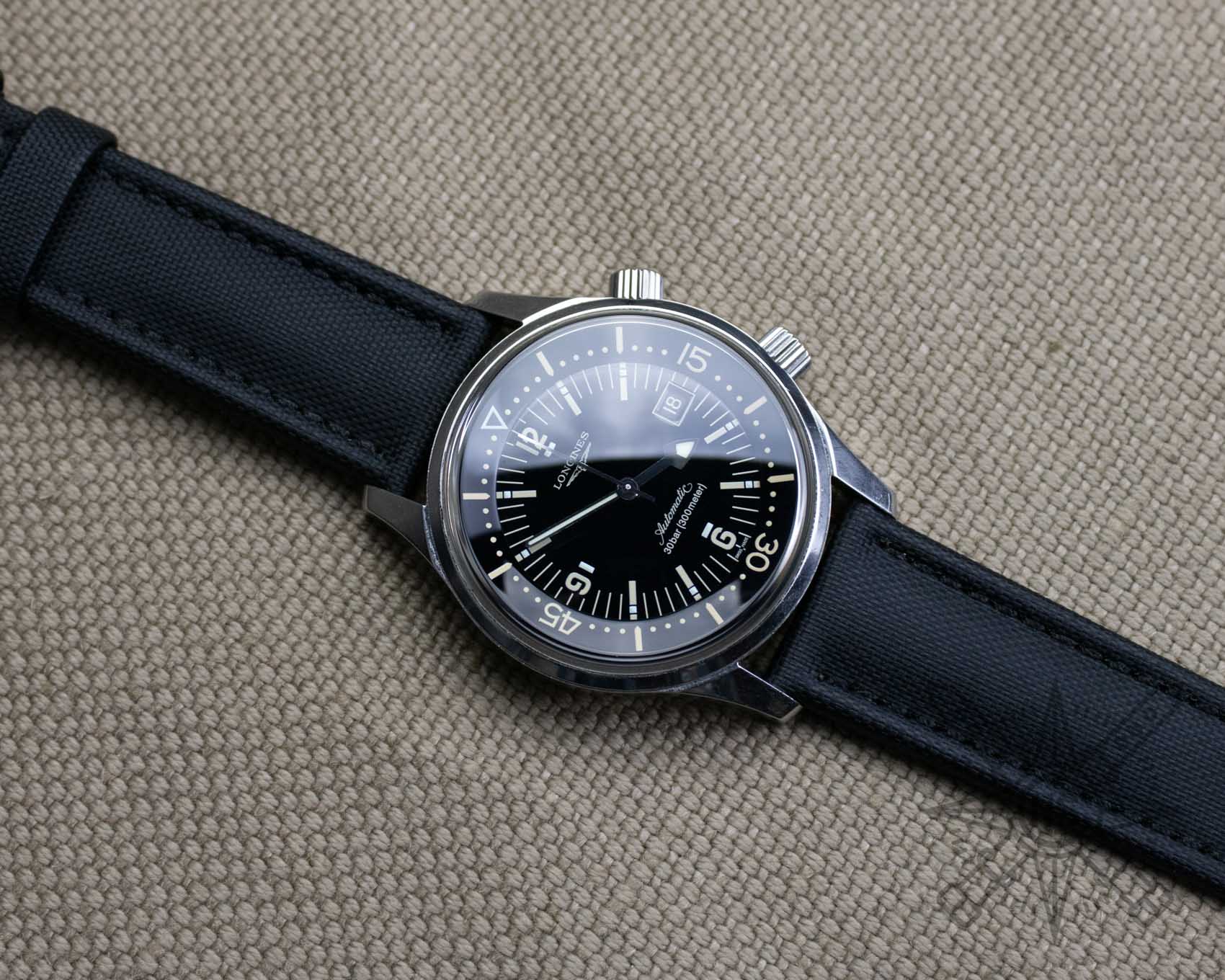Longines Legend Diver on a sailcloth watch strap