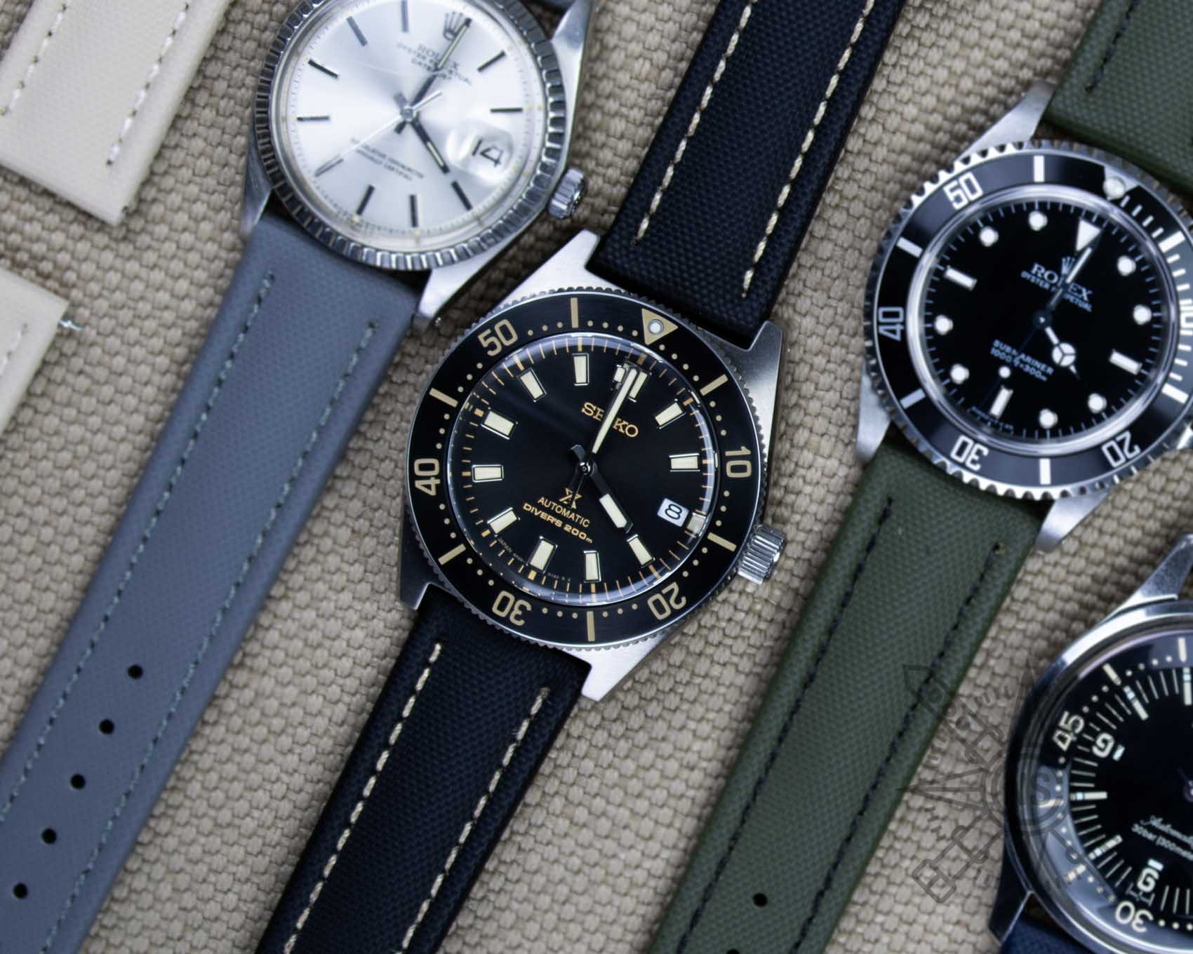 Sailcloth watch strap on a Seiko dive watch
