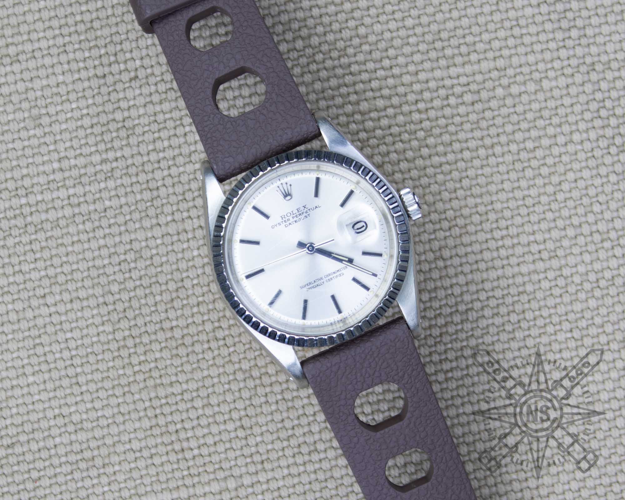 Gray tropic sport rubber watch strap on a Rolex Datejust