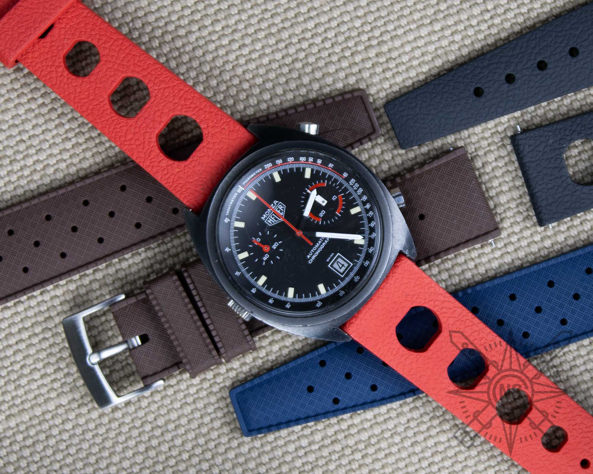 Red Tropic Sport Rubber watch strap on a vintage Heuer Monza