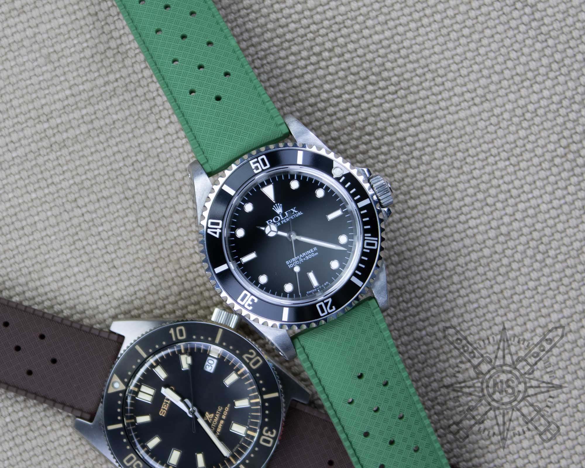 Rolex Submariner on a green vintage tropic rubber watch strap