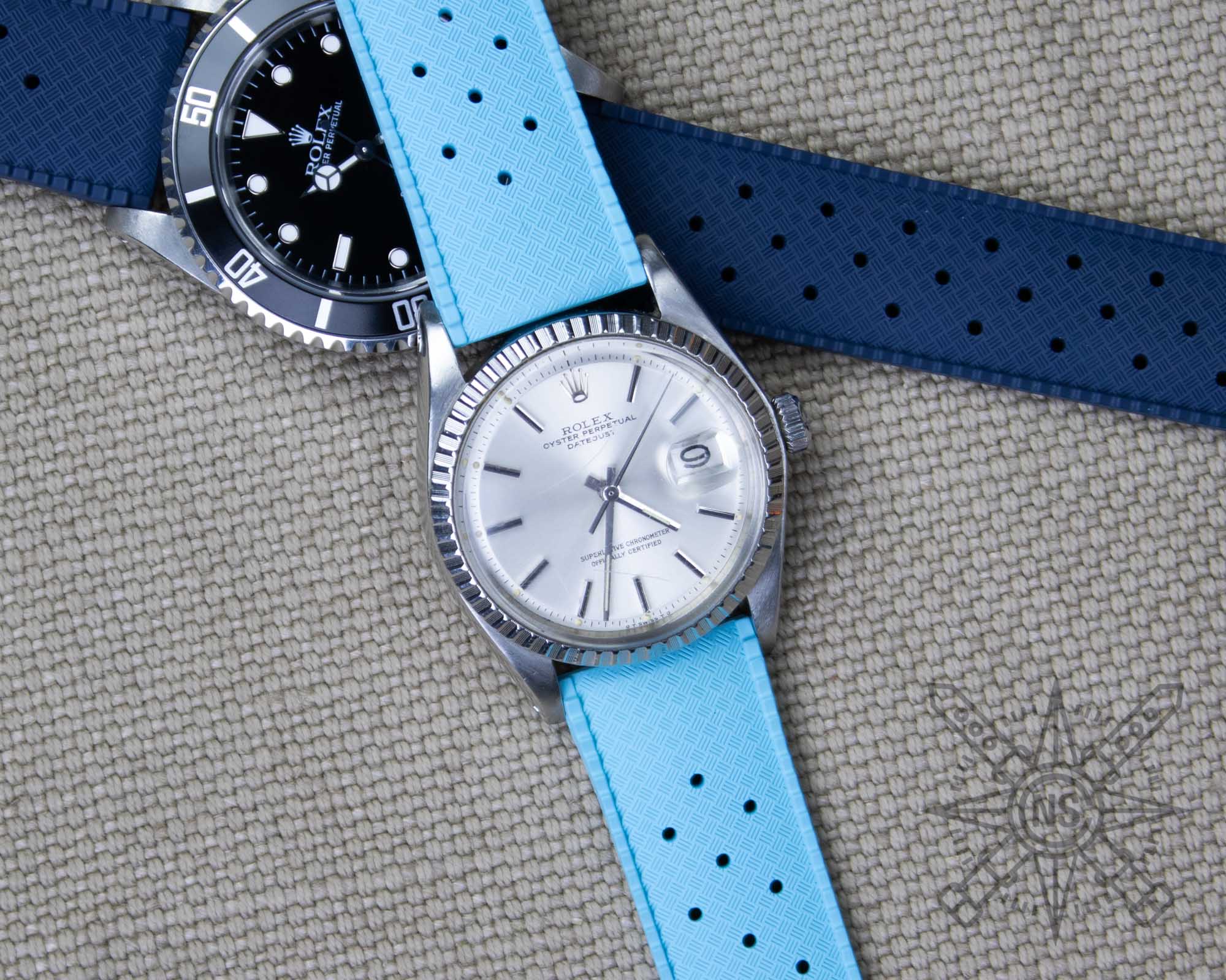 Blue vintage tropic rubber watch strap on a Rolex Datejust