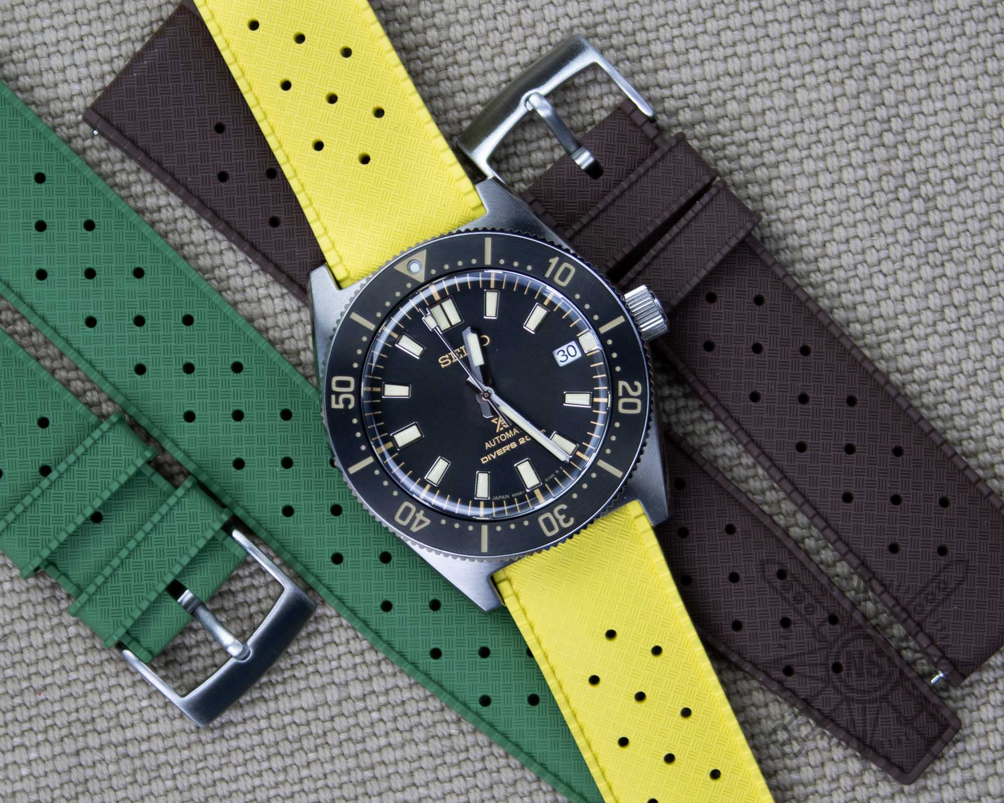 Yellow tropic rubber watch strap on a Seiko Diver