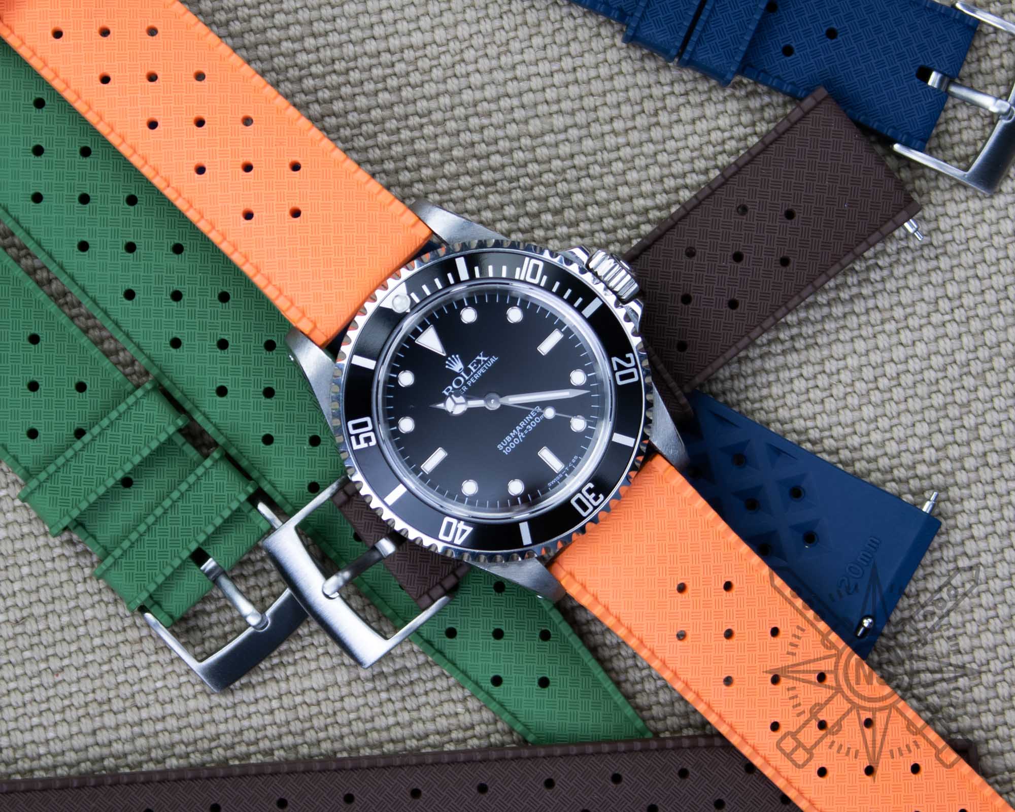 Orange Tropic rubber watch strap on a Rolex Submariner