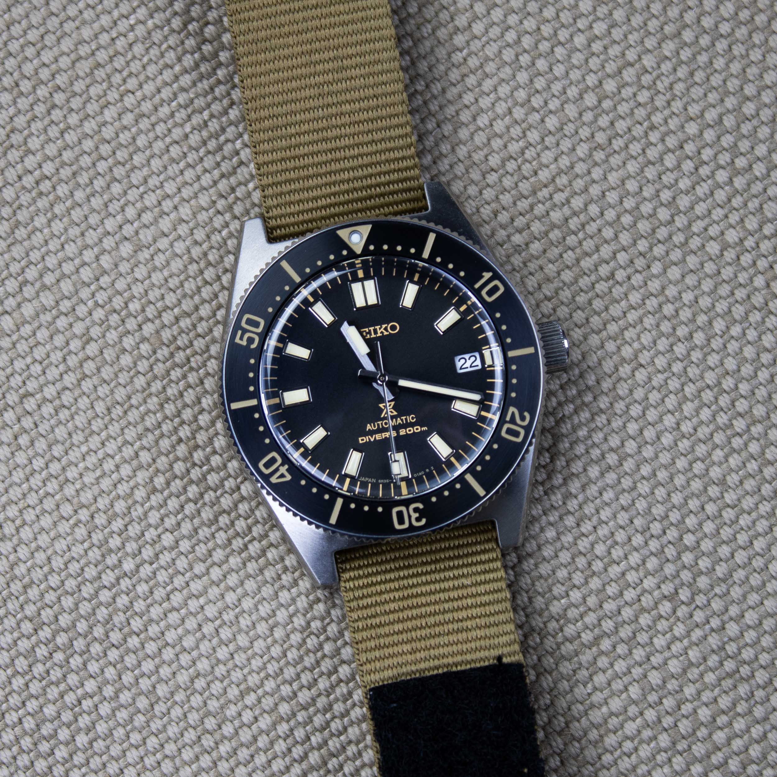 Seiko Prospex on a khaki velcro watchband